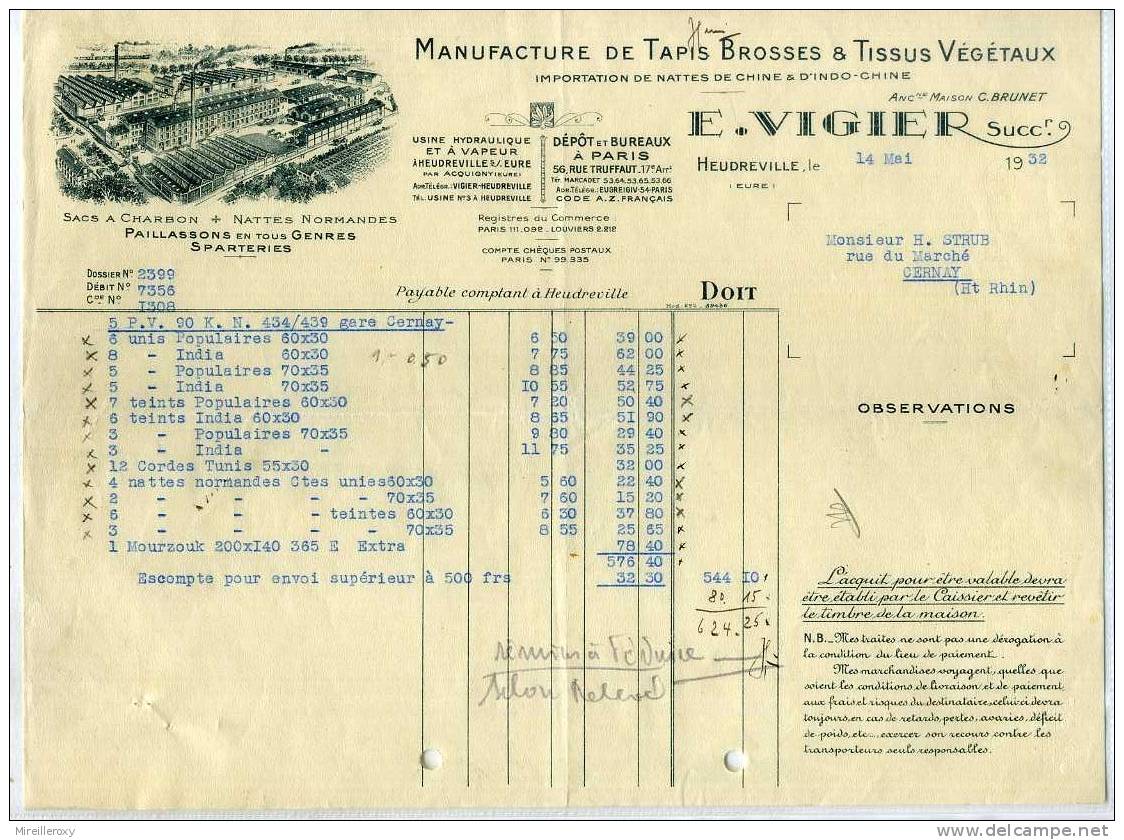 FACTURE MANUFACTURE DE TAPIS BROSSES ET TISSUS VEGETAUX  NATTES NORMANDES E. VIGIER HEUDREVILLE - Drogerie & Parfümerie