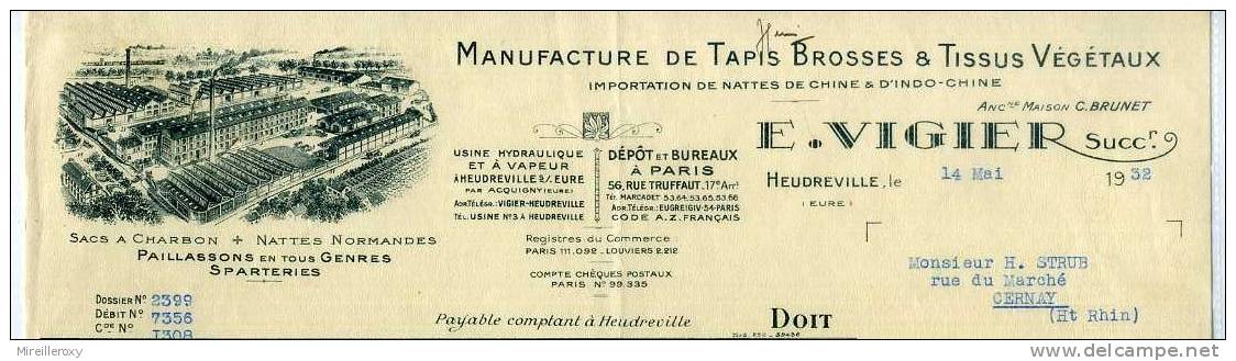 FACTURE MANUFACTURE DE TAPIS BROSSES ET TISSUS VEGETAUX  NATTES NORMANDES E. VIGIER HEUDREVILLE - Chemist's (drugstore) & Perfumery