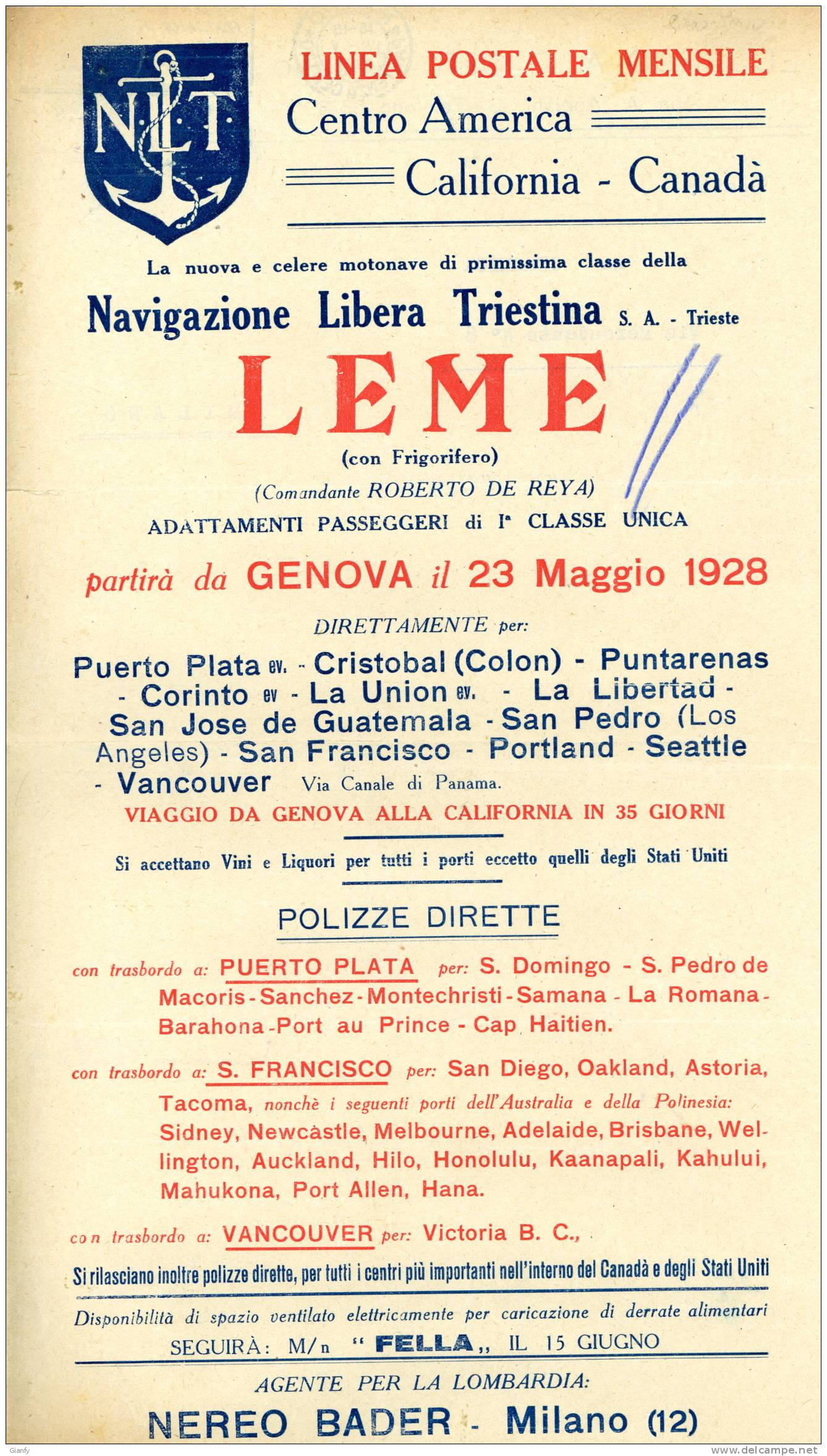 NAVIGAZIONE LIBERA TRIESTINA PUBBLICITA 1928 - Menus