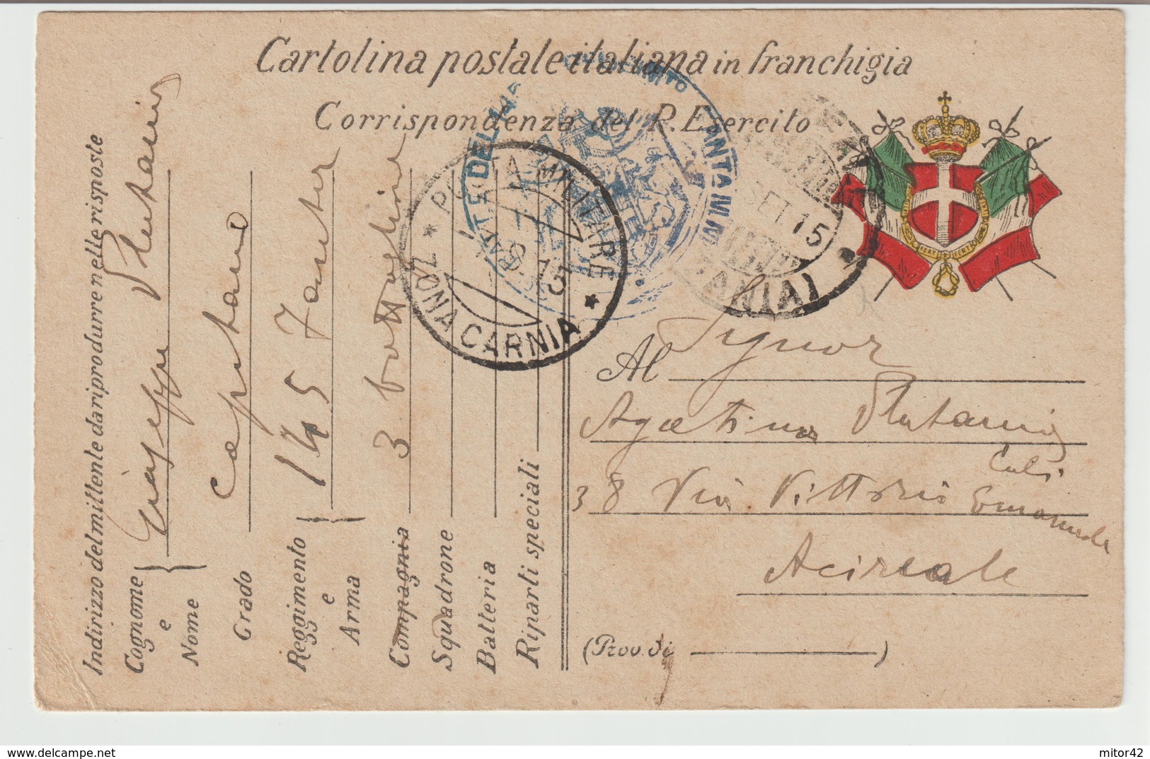 45-P.M.1^ Guerra-Posta Militare Zona Carnia-Franchigia Stemma E Bandiere-v.7.9.1915 X Acireale - War 1914-18