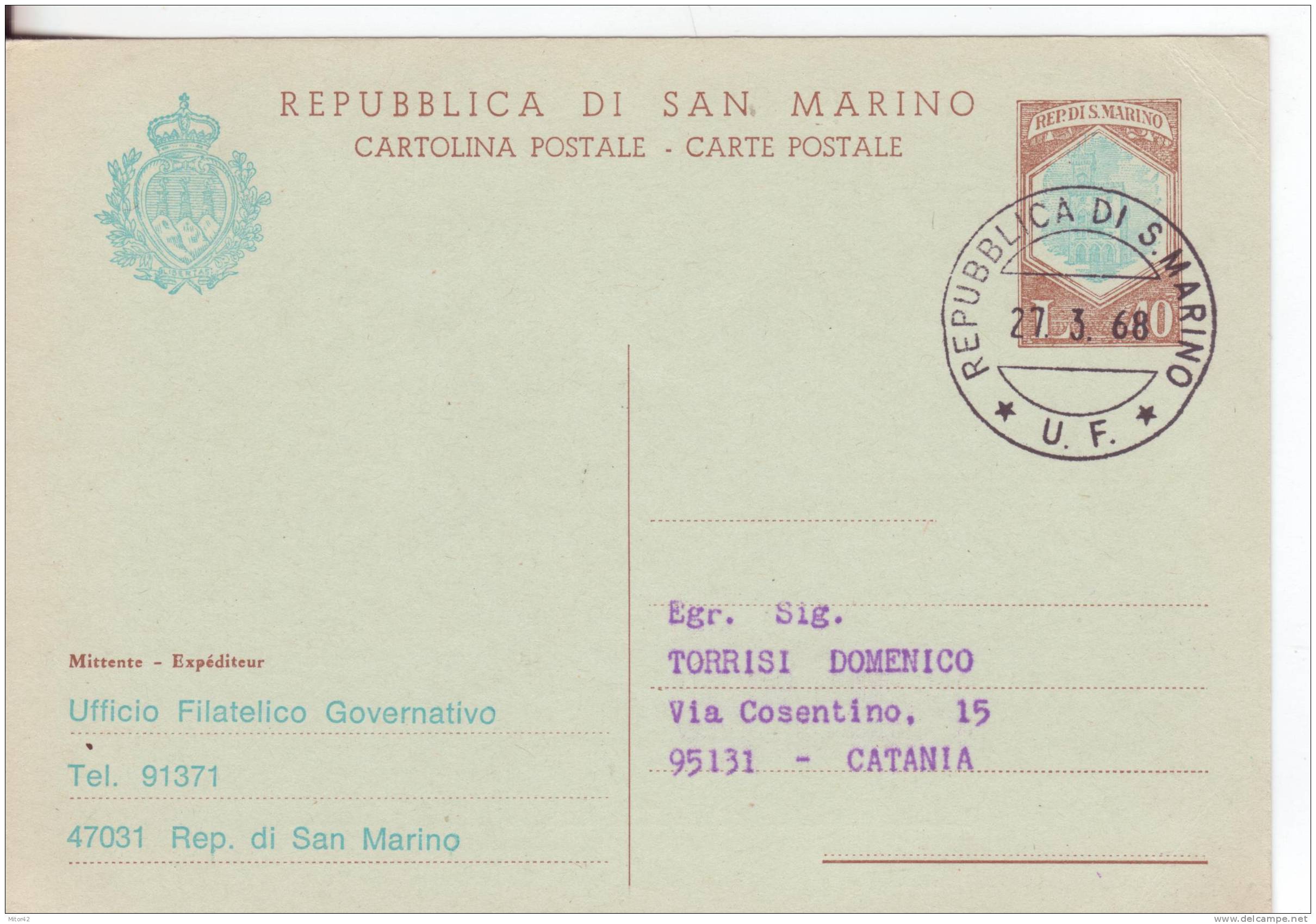 C37A-Interi Postali-Cartoline Postali-S.Marino-L.40-Emisione X Europa 68 X Catania. - Entiers Postaux