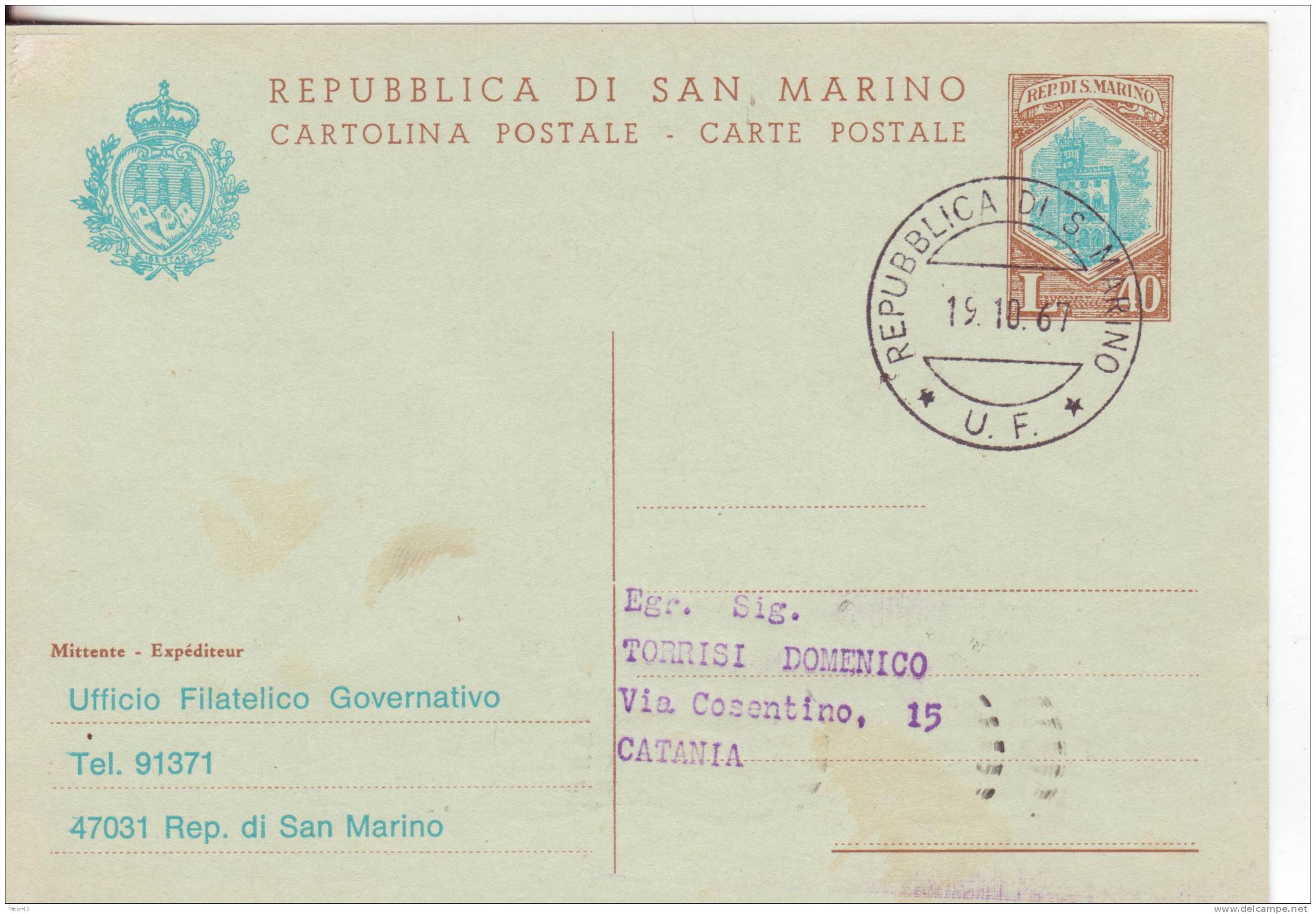 C35A-Interi Postali-Cartoline Postali-S.Marino-L.40-Emissione X Cimabue-1967 X Catania. - Interi Postali