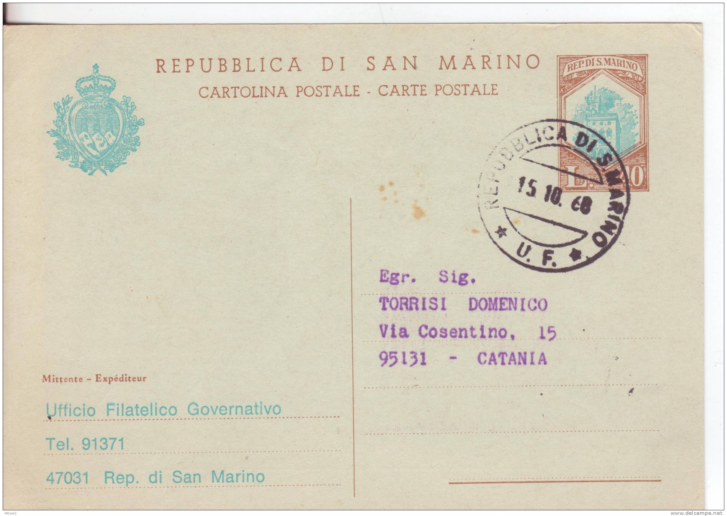 C37A-Interi Postali-Cartoline Postali-S.Marino-L.40-Emissione X Natività Mistica-1968 X Catania. - Entiers Postaux