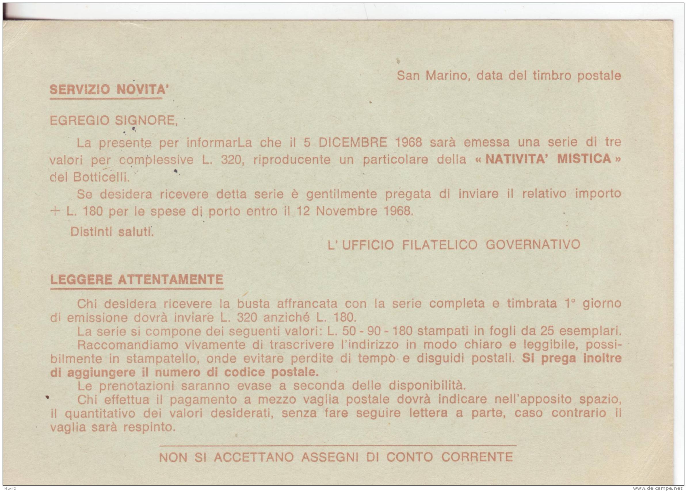 C37A-Interi Postali-Cartoline Postali-S.Marino-L.40-Emissione X Natività Mistica-1968 X Catania. - Entiers Postaux