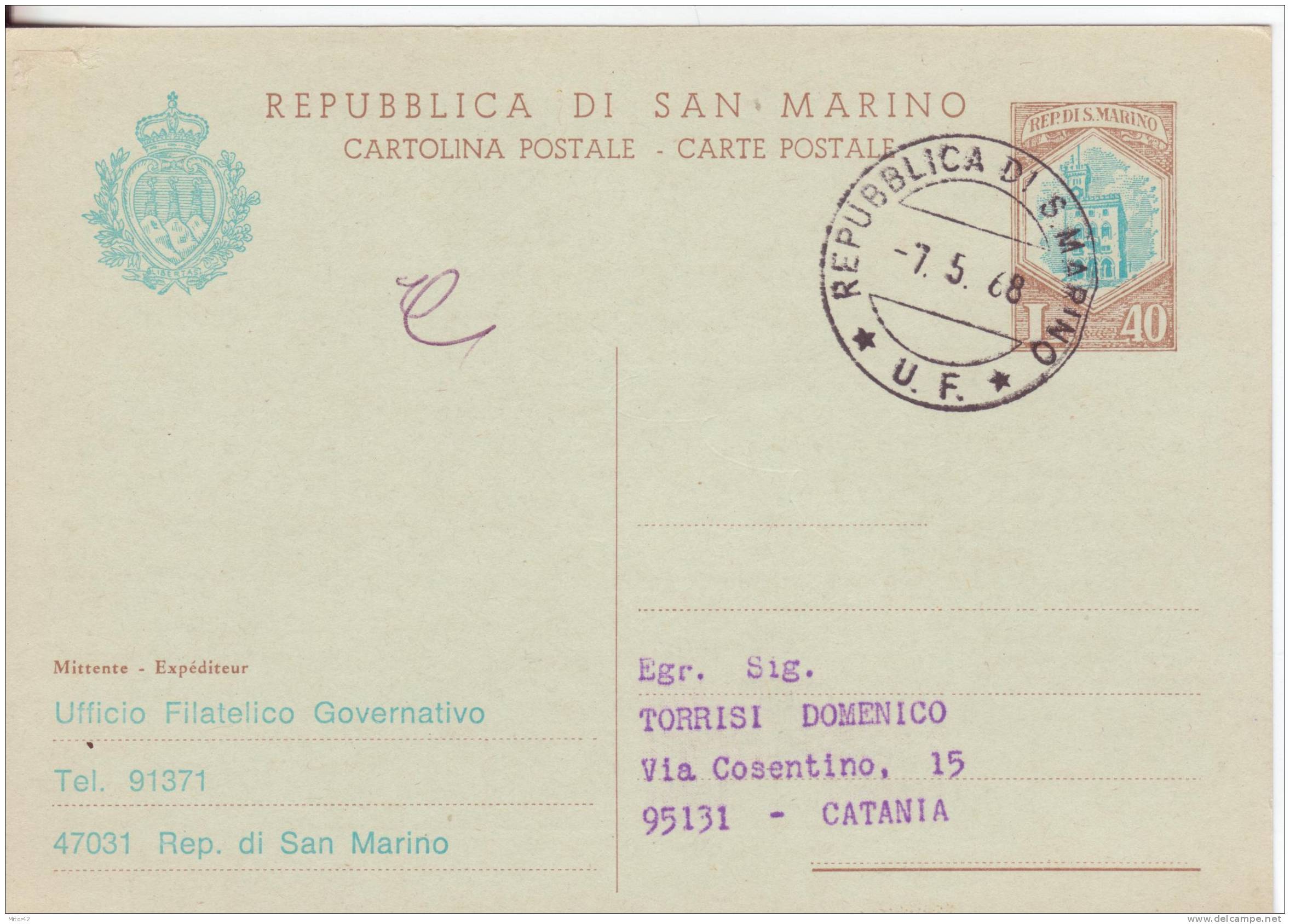 C37A-Interi Postali-Cartoline Postali-San Marino-L.40 Emissione Dipinti Di Paolo Uccello-1968 X Catania. - Entiers Postaux