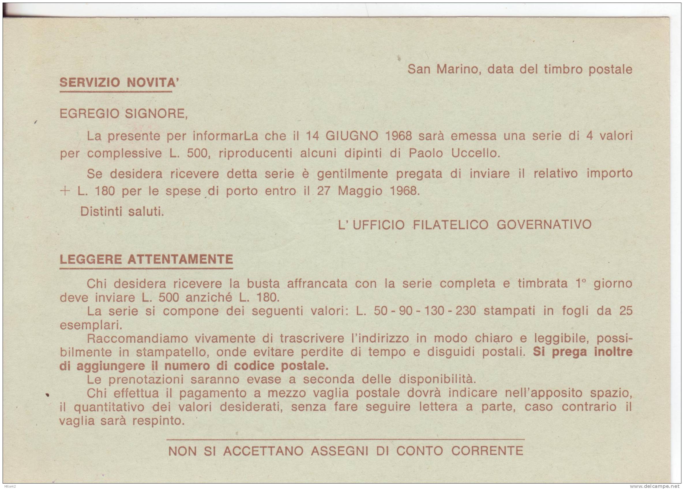 C37A-Interi Postali-Cartoline Postali-San Marino-L.40 Emissione Dipinti Di Paolo Uccello-1968 X Catania. - Interi Postali