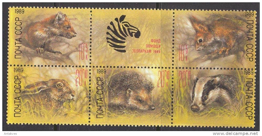 1989 Zoo Relief Fund Rabbits, Hedgehog, Squirrels Zebras Sheet Of 5 MNH - Rabbits