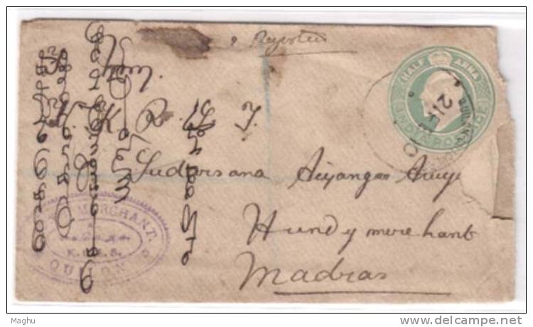 India Uprated Registered Cover, Edward Half Anna + Two Annas, Postal Stationery Used 1910, CDS Quillon - 1902-11 Roi Edouard VII