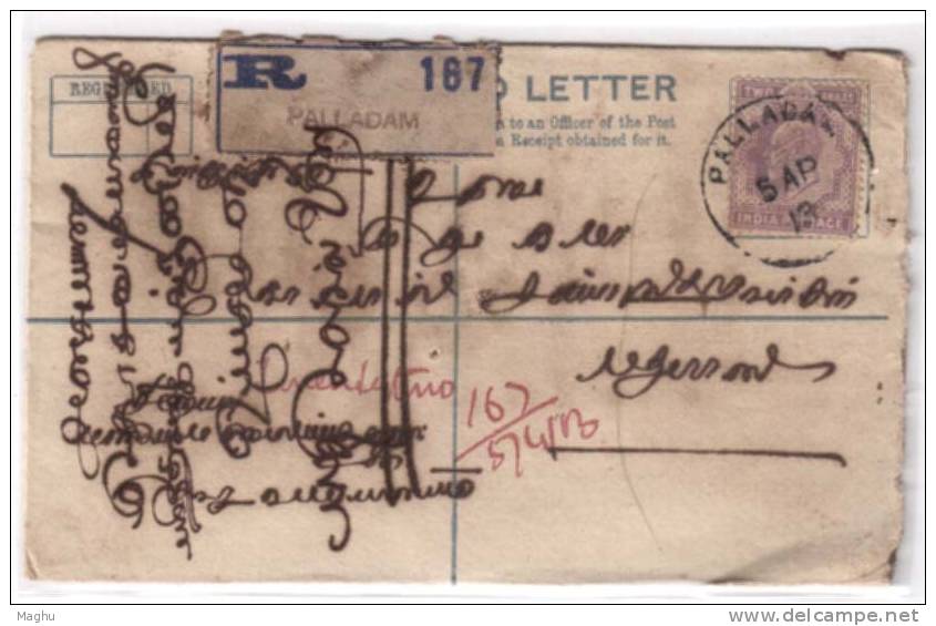 India Uprated Registered Letter Used, Edward Postal Stationery  Cover, CDS Palladam 1903 - 1902-11 Roi Edouard VII