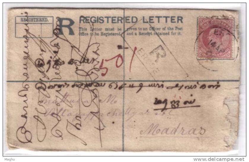 India Uprated  Registered Letter Used, Edward  Postal Stationery Cover, CDS Erode 1908 - 1902-11  Edward VII