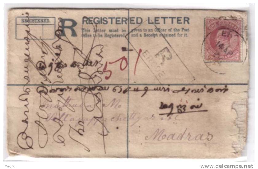 India Uprated  Registered Letter Used, Edward  Postal Stationery Cover, CDS Erode 1908 - 1902-11 King Edward VII