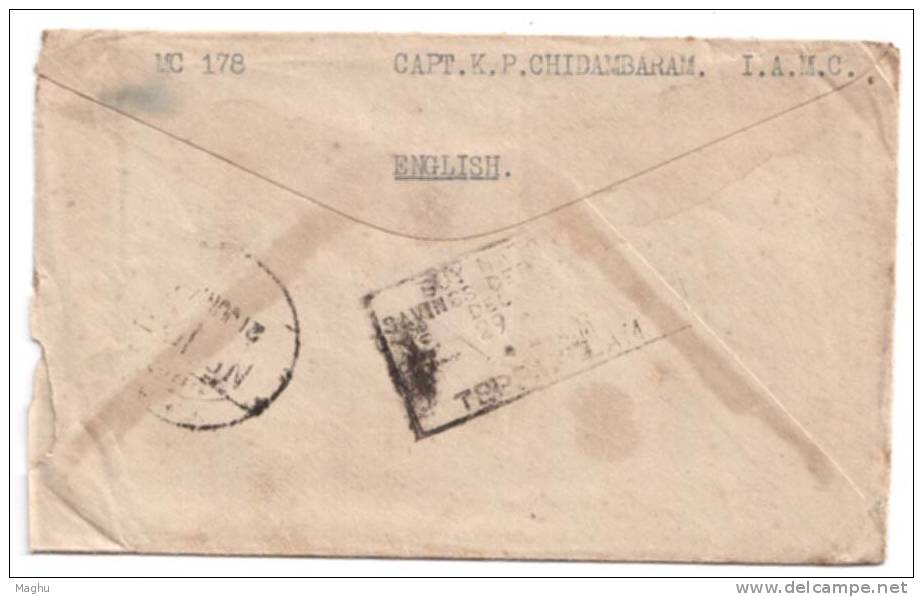 India On Active Service, Unit Censor C-96, Used, Slogan Cancl., - Enveloppes