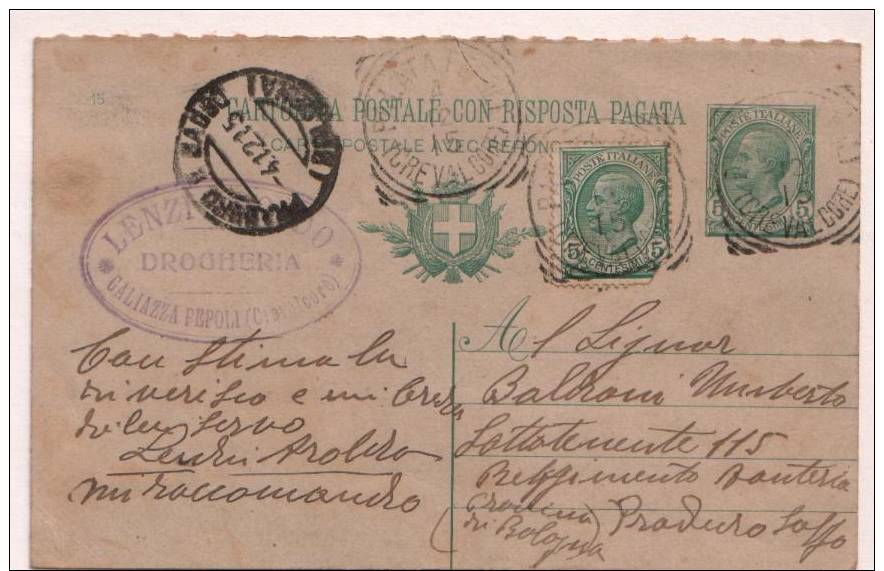 CARTOLINA POSTALE  CON RISPOSTA PAGATA - Cent. 5 + C. 5 Leoni - 1915 Palata Pepoli - Interi Postali