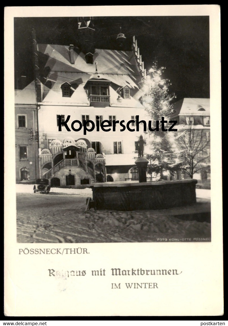 ALTE POSTKARTE PÖSSNECK RATHAUS MIT MARKTBRUNNEN IM WINTER WEIHNACHTEN THÜRINGEN Auto Schnee Ansichtskarte Postcard Cpa - Poessneck