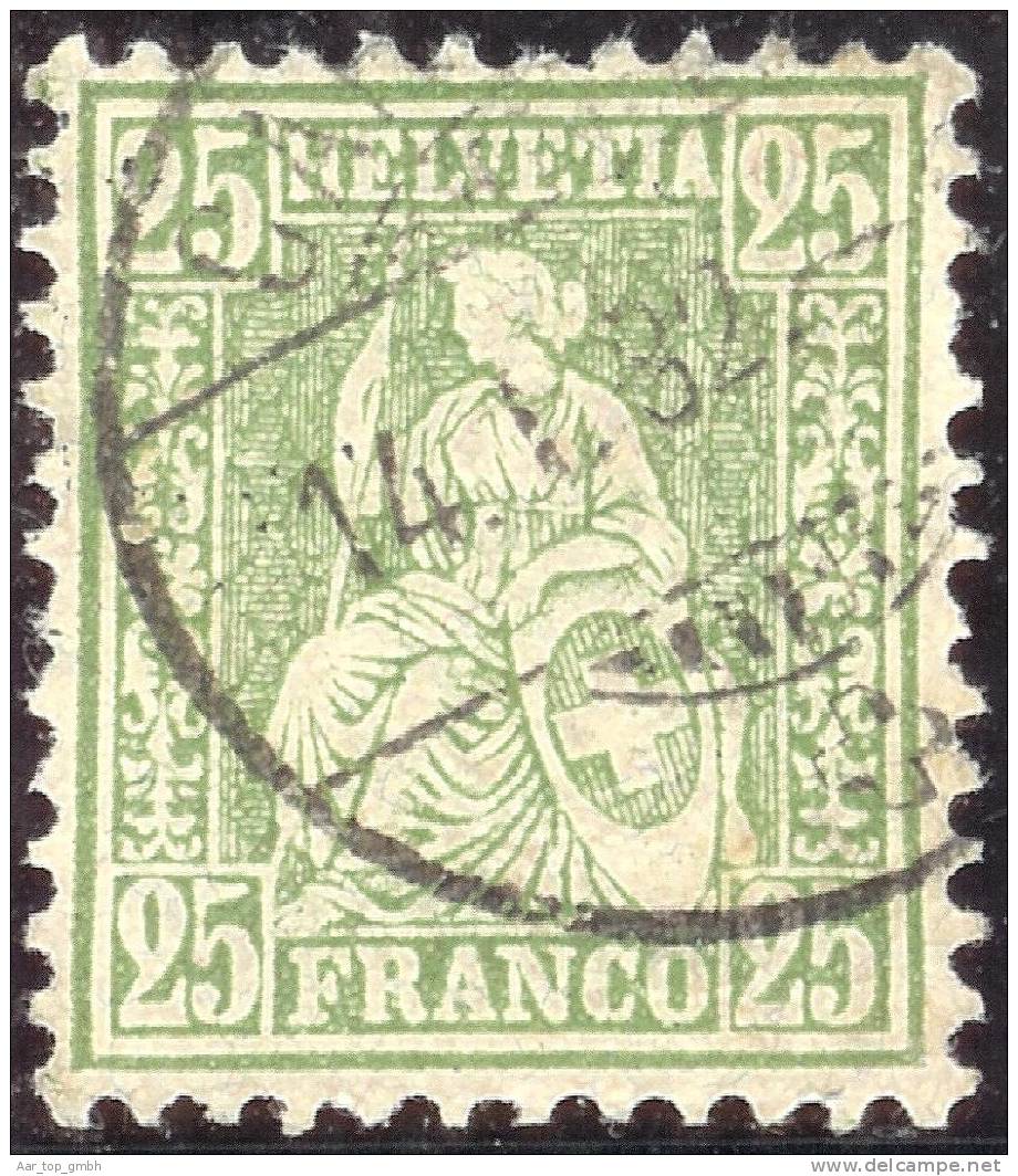 Schweiz 1882-01-14 Carouge Zu#49 Faserpapier Sitzende Helvetia 25 Rp.grün Bedarfsstempel - Oblitérés