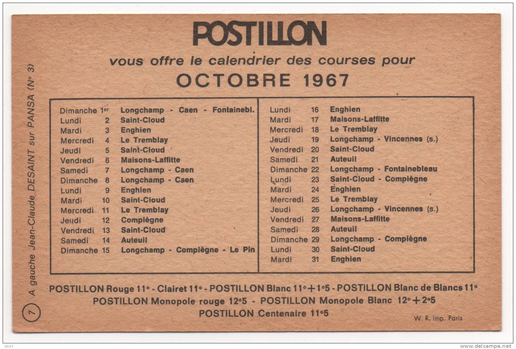 - Jean Claude DESSAINT Sur PANSA - Pub Postillon, Calendrier Des Courses Octobre 1967 - Scan Verso - - Hippisme