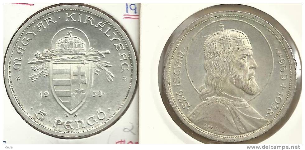 HUNGARY 5 PENGO CROWN SHIELD FRONT & SAINT ISTVAN HEAD BACK 1938 AG SILVER VF+ KM516 READ DESCRIPTION !! - Hungría