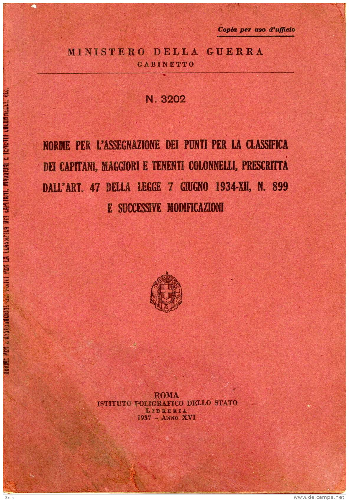 FASCISMO MINISTERO GUERRA NORME PER UFFICIALI 1937 - Italian