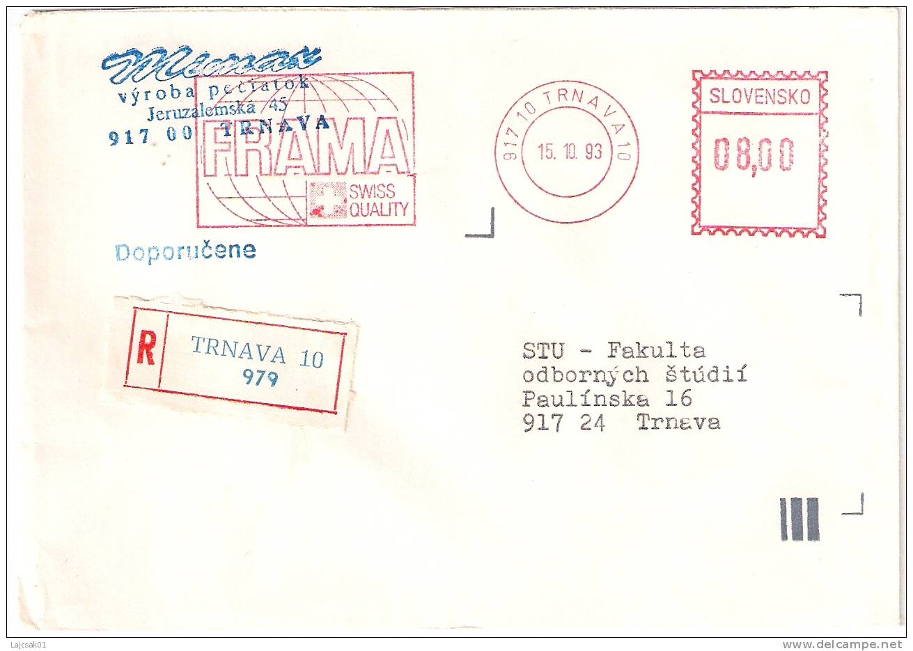 Slovakia 1993. Registered Cover TRNAVA Postmark Machine Stamp FRAMA SWISS QUALITY - Covers & Documents