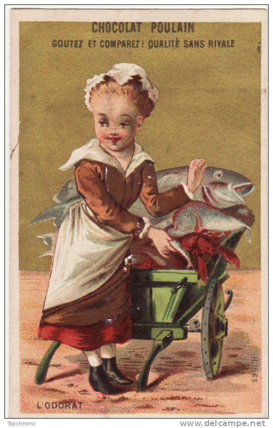 CHROMO Chocolat Poulain Laas L´odorat Marchande De Poissons Charrette Poissonnière Au Dos Fable Et Devinette - Poulain