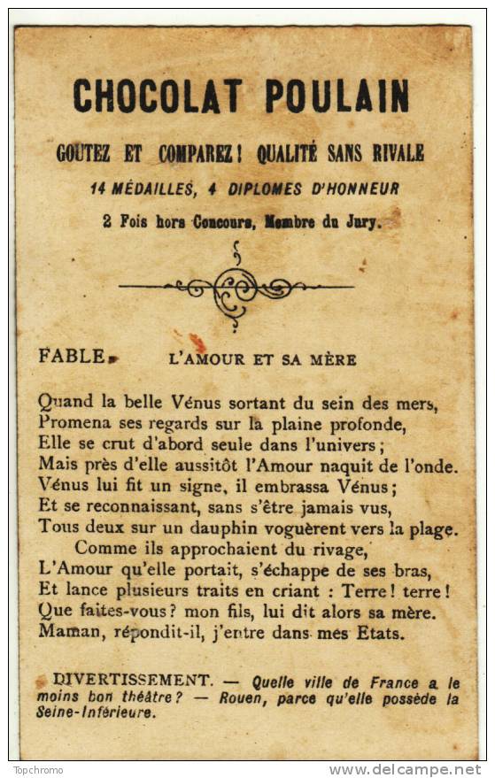 CHROMO Chocolat Poulain Laas L´odorat Marchande De Poissons Charrette Poissonnière Au Dos Fable Et Devinette - Poulain