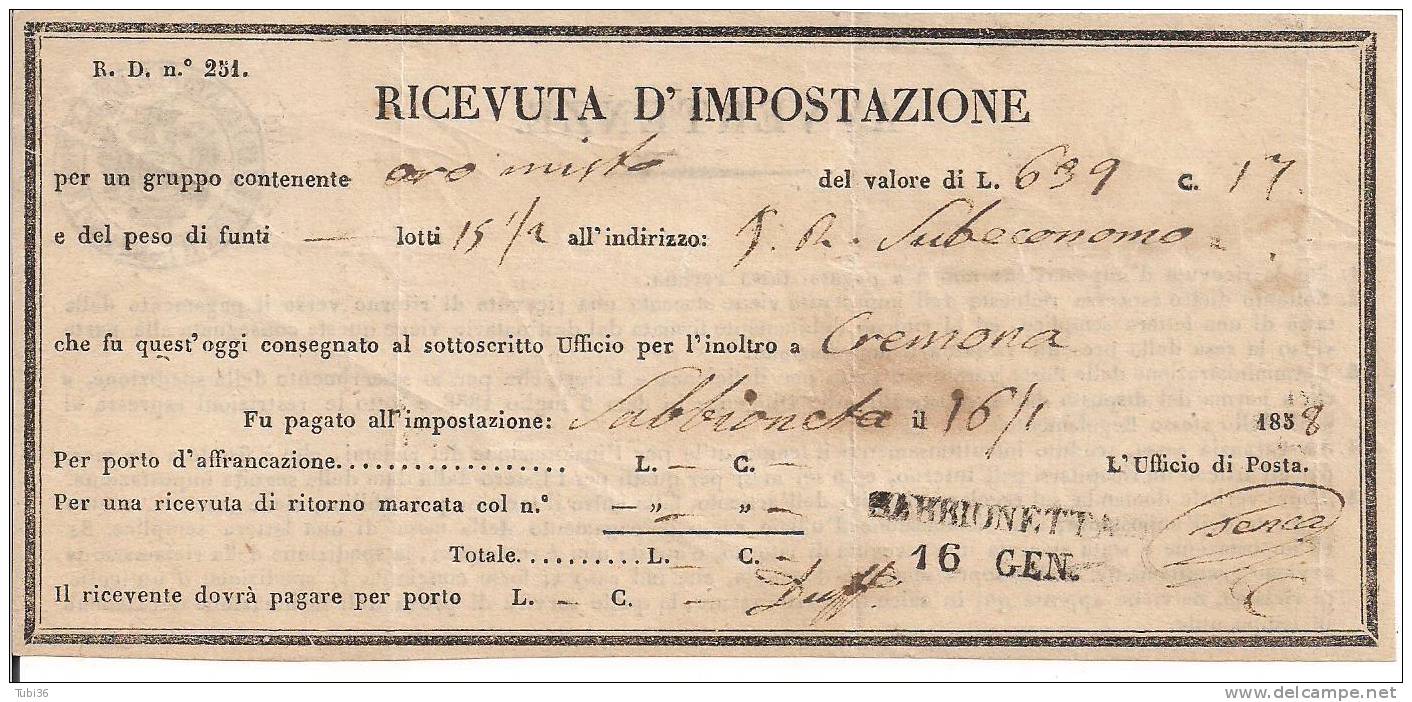 RICEVUTA D'IMPOSTAZIONE  - DA SABBIONETA PER CREMONA - 16 GENNAIO 1858 - POSTE  LOMBARDO VENETO - Lombardo-Vénétie