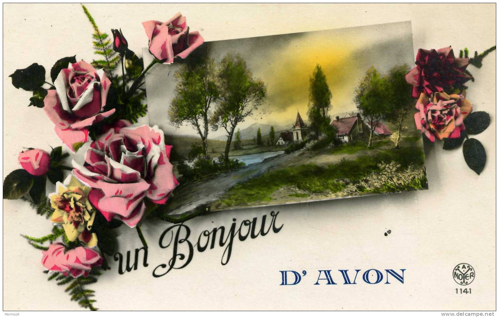 Un Bonjour D’ Avon Noyer 1141 Belle Carte Roses Colorisée - Avon