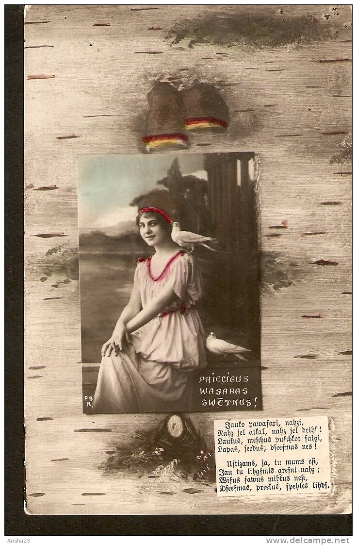 Summer Holidays Pentecost - Old Tinted Photo Postcard - Woman Dove - Passed Latvia Leepaja Post In 1924 - Pentecôte