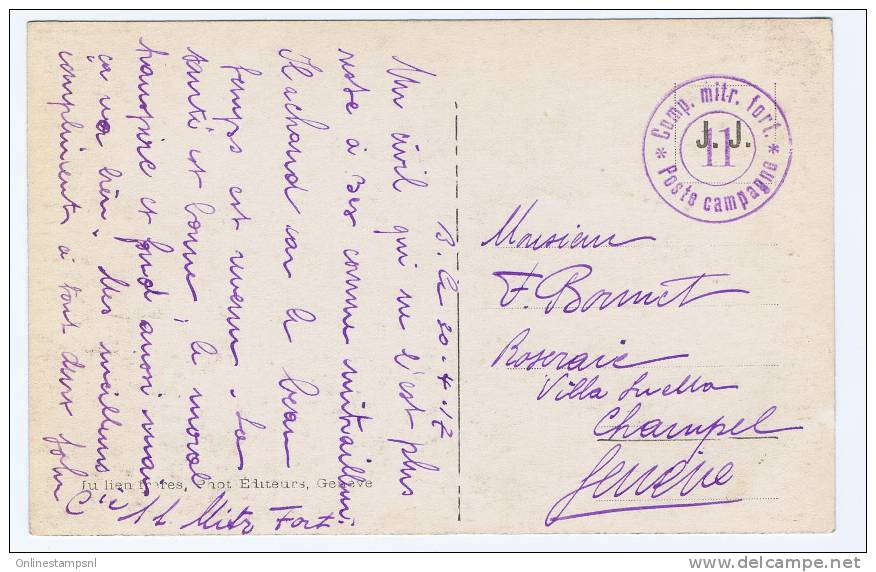 Switserland: Comp. Mitr. Fort 11, Poste Campagne, A Geneve. A Verso: Bex Et Les Diablerets - Cartas & Documentos