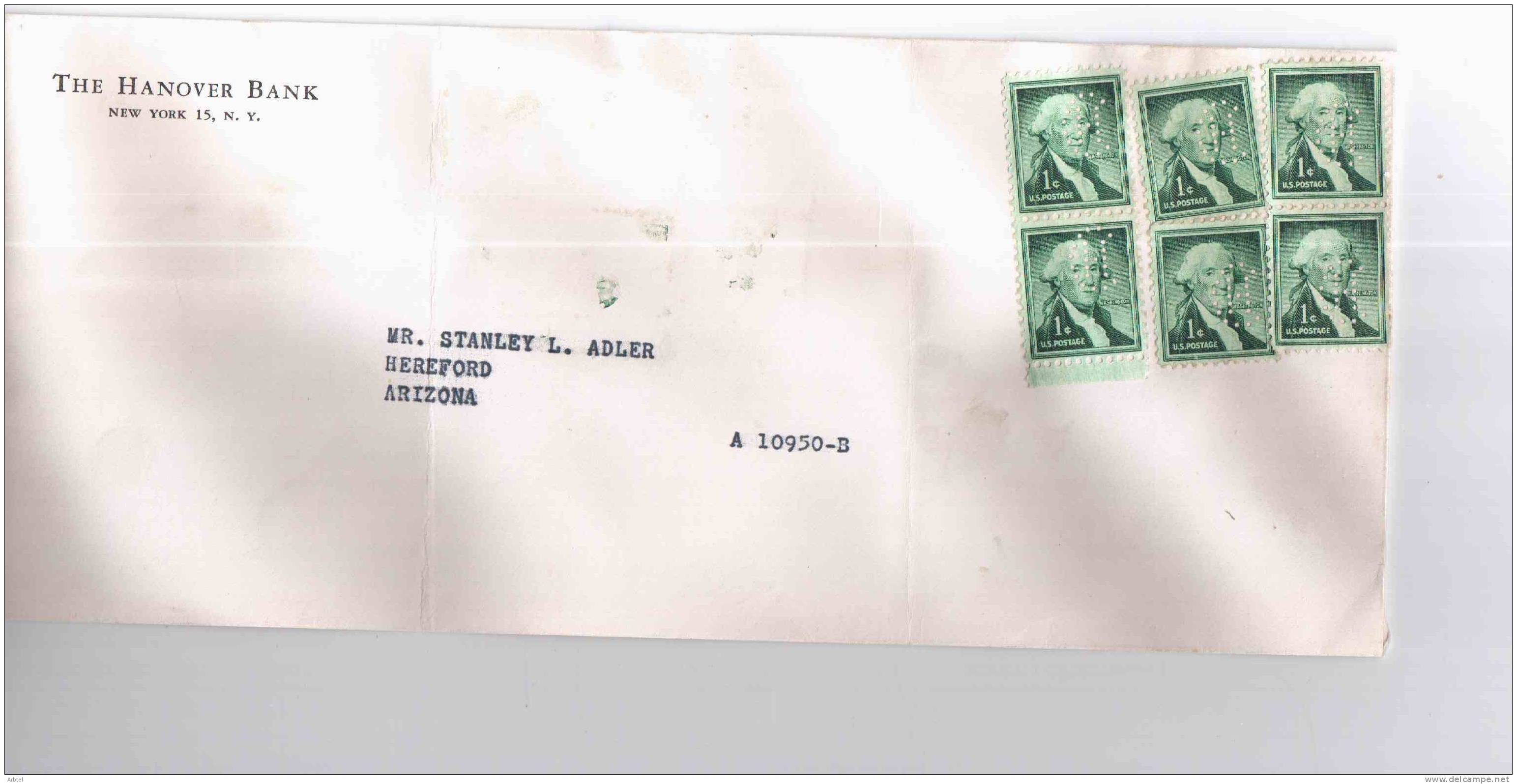 WASHINGTON PERFORADO USA ESTADOS UNIDOS CC HANOVER BANK SOBRE PREFRANQUEADO - Perforados