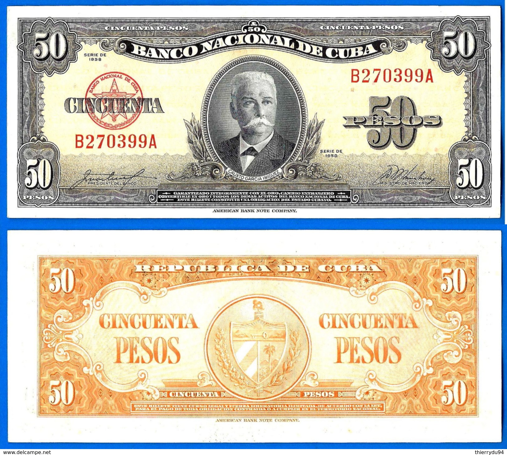 Cuba 50 Pesos 1958 Calixto Garcia Iniguez Caraibe Peso Kuba Paypal Skrill OK! - Cuba