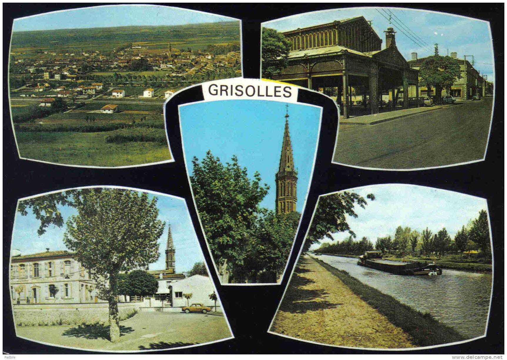 Carte Postale 82. Grisolles   La Halle  Péniche Sur La Garonne Cloché De L'église Trés Beau Plan - Grisolles