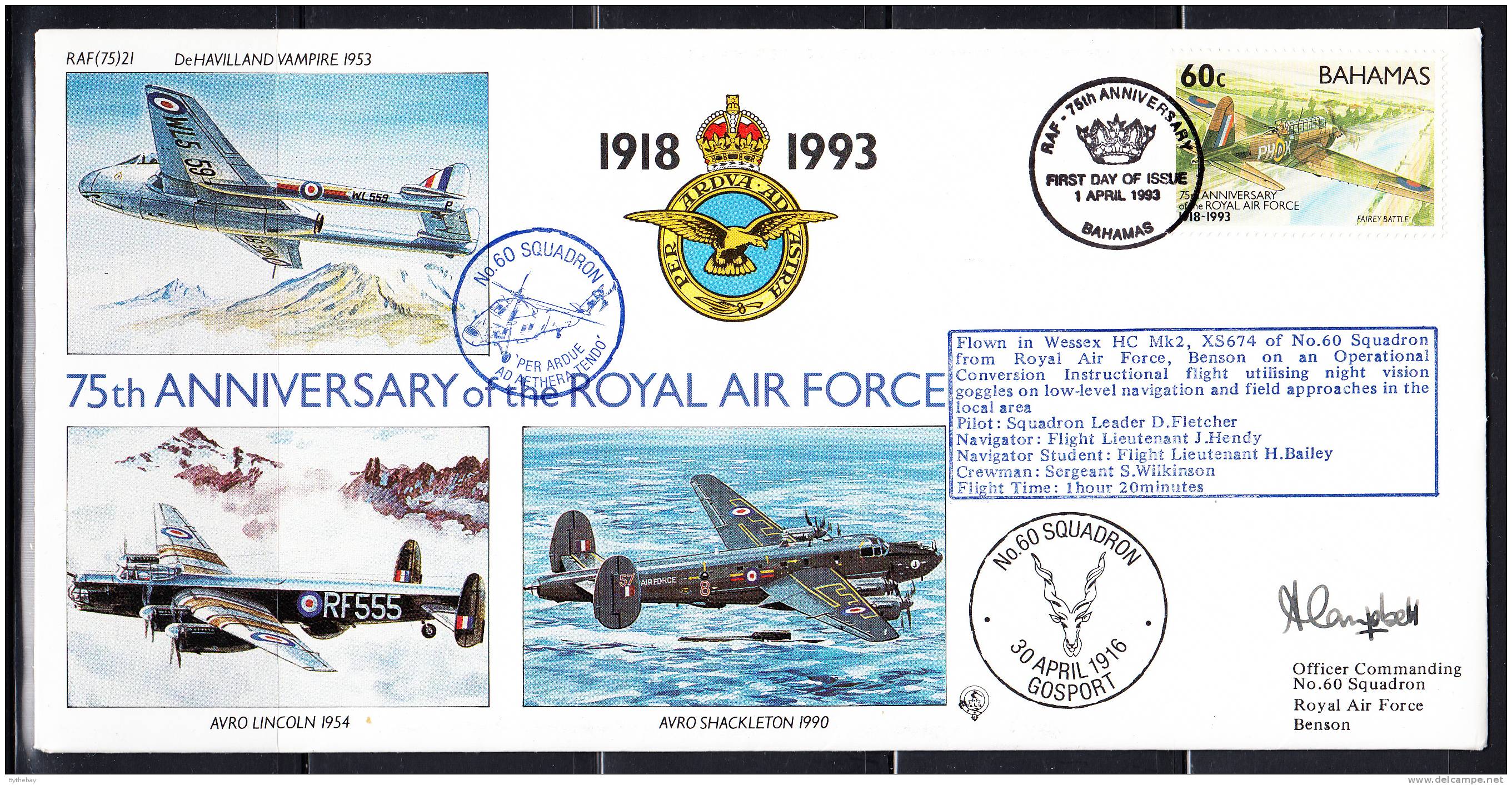 RAF 75th Anniversary FDC Bahamas Scott #775b 60c Fairey Battle No. 60 Squadron - Bahamas (1973-...)