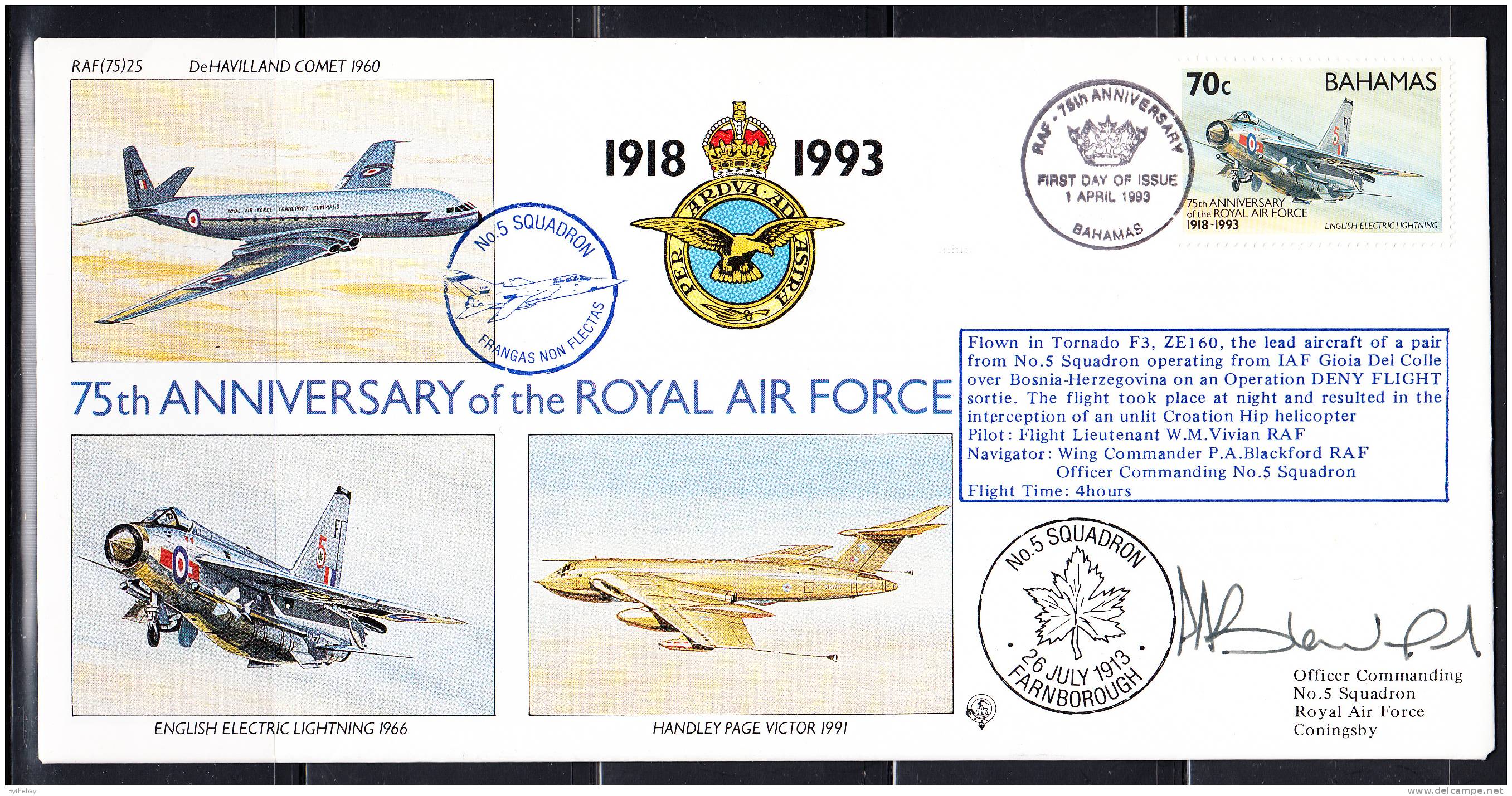 RAF 75th Anniversary FDC Bahamas Scott #774 70c English Electric Lightning No. 5 Squadron - Bahamas (1973-...)