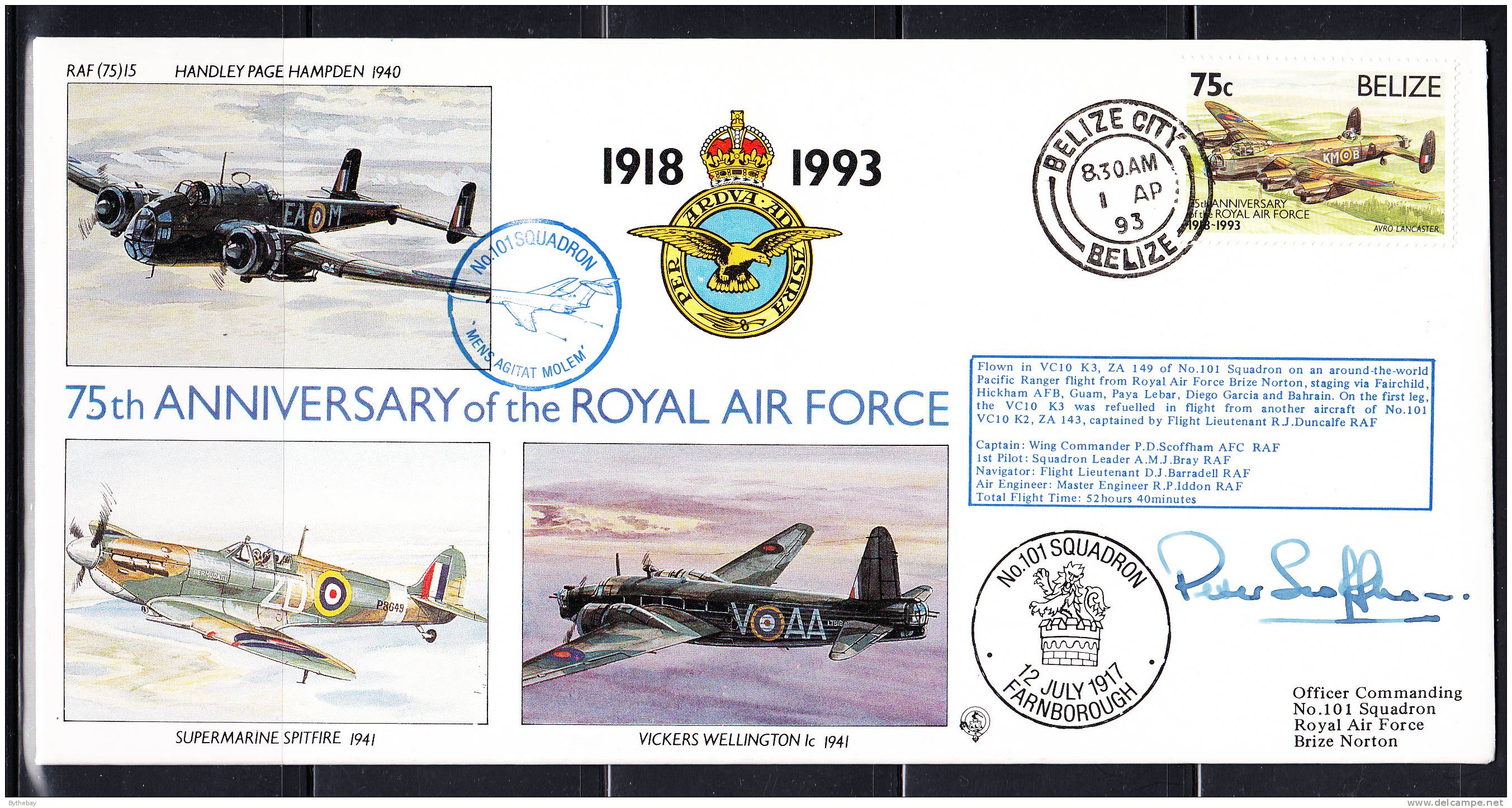 RAF 75th Anniversary FDC Belize Scott #1006 75c Avro Lancaster No. 101 Squadron - Belize (1973-...)