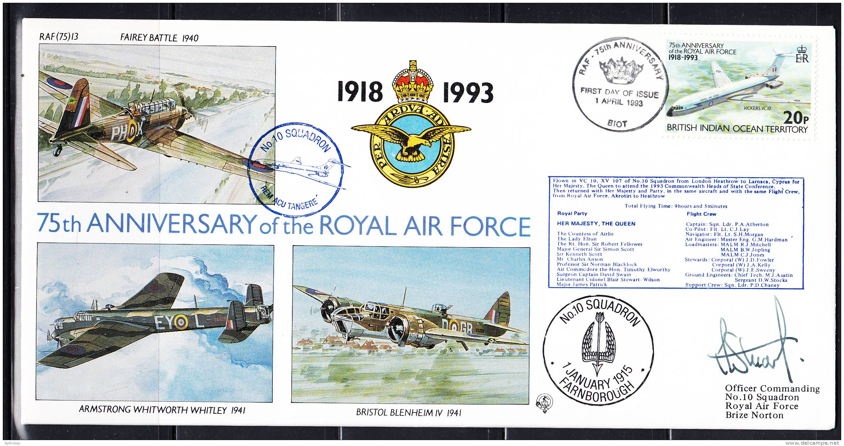 RAF 75th Anniversary FDC BIOT Scott #140d 20c Vickers VC10 No. 10 Squadron - Territoire Britannique De L'Océan Indien