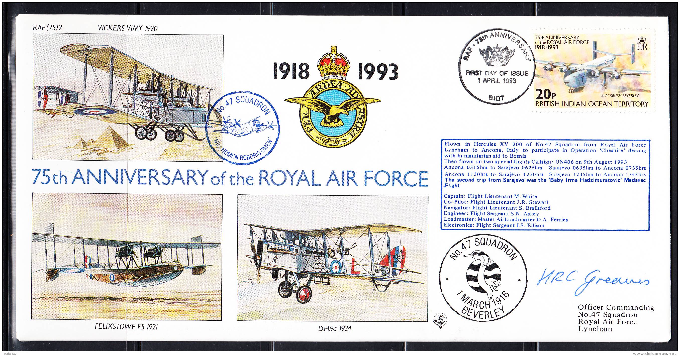 RAF 75th Anniversary FDC BIOT Scott #140c 20c Blackburn Beverley No. 47 Squadron - Territoire Britannique De L'Océan Indien