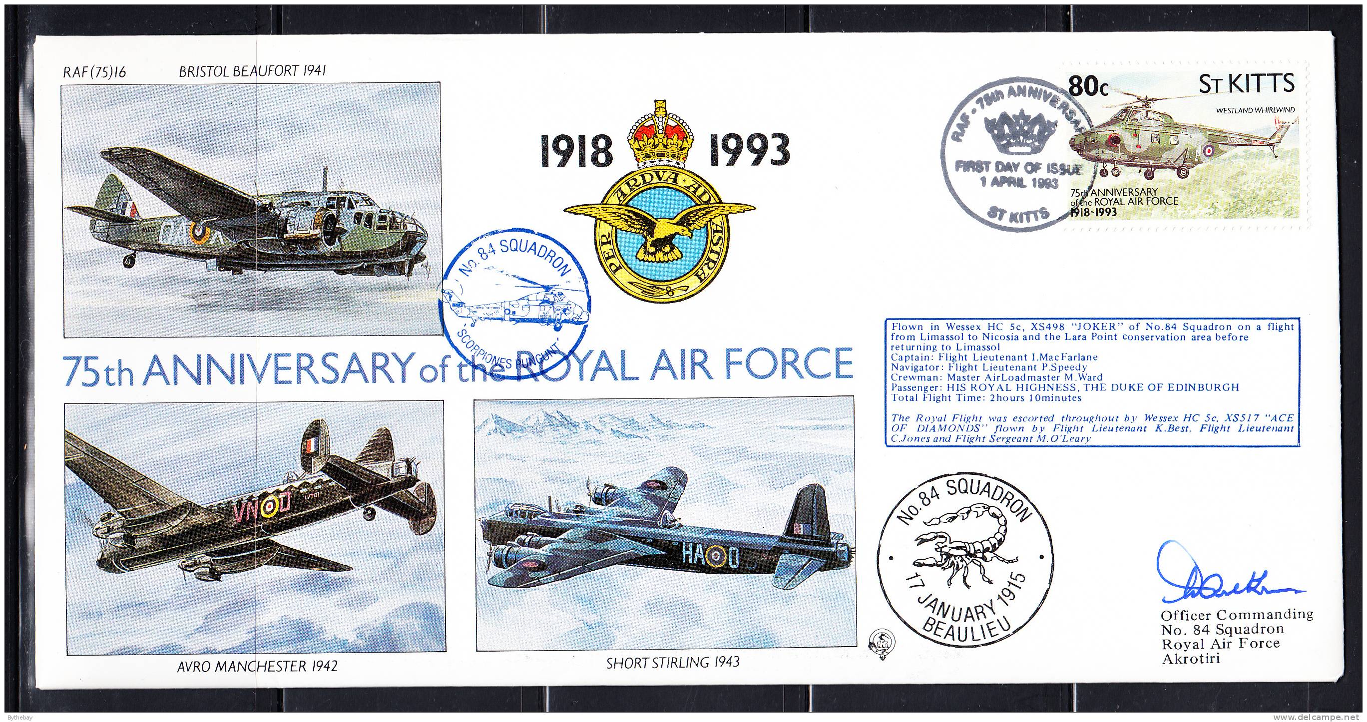 RAF 75th Anniversary FDC St Kitts Scott #353 80c Westland Whirlwind No. 84 Squadron - St.Kitts Und Nevis ( 1983-...)