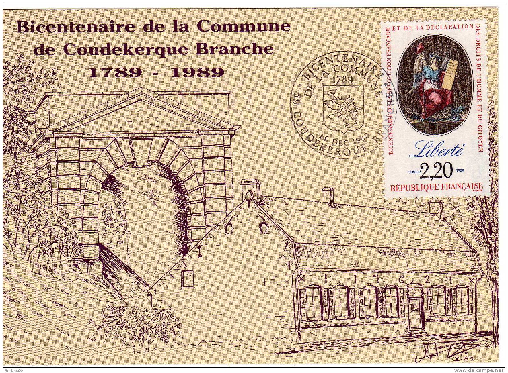 --VILLE-  COUDEKERQUE BRANCHE Bicentenaire De La Commune 1789-1989 La Ferme BOLLE Et La Porte Du Fort LOUIS(timbre LIBER - Coudekerque Branche