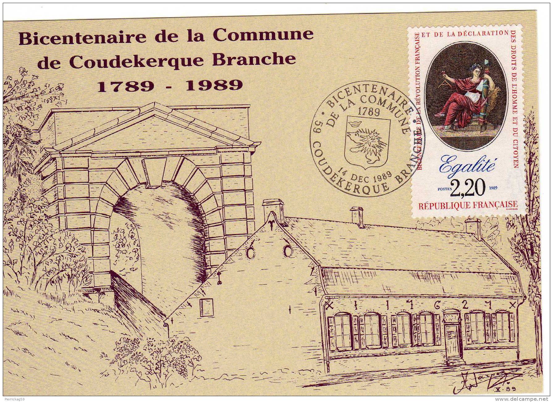 --VILLE-  COUDEKERQUE BRANCHE Bicentenaire De La Commune 1789-1989 La Ferme BOLLE Et La Porte Du Fort LOUIS(timbre EGALI - Coudekerque Branche