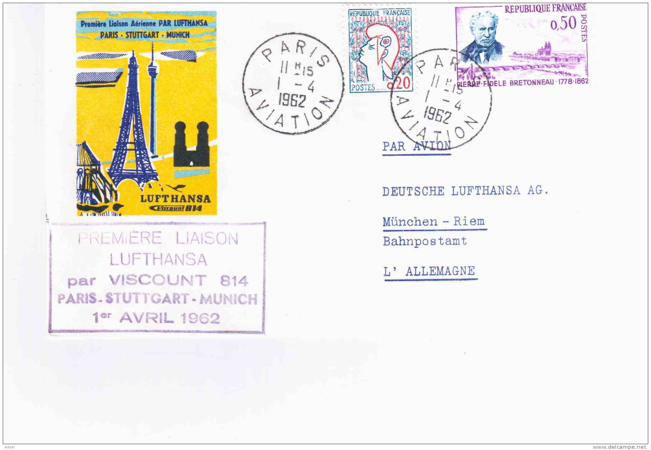 FRANCIA PRIMER VUELO PARIS MUNICH MARCA ESPECIAL DEL VUELO AL DORSO MAT MUNICH - Erst- U. Sonderflugbriefe