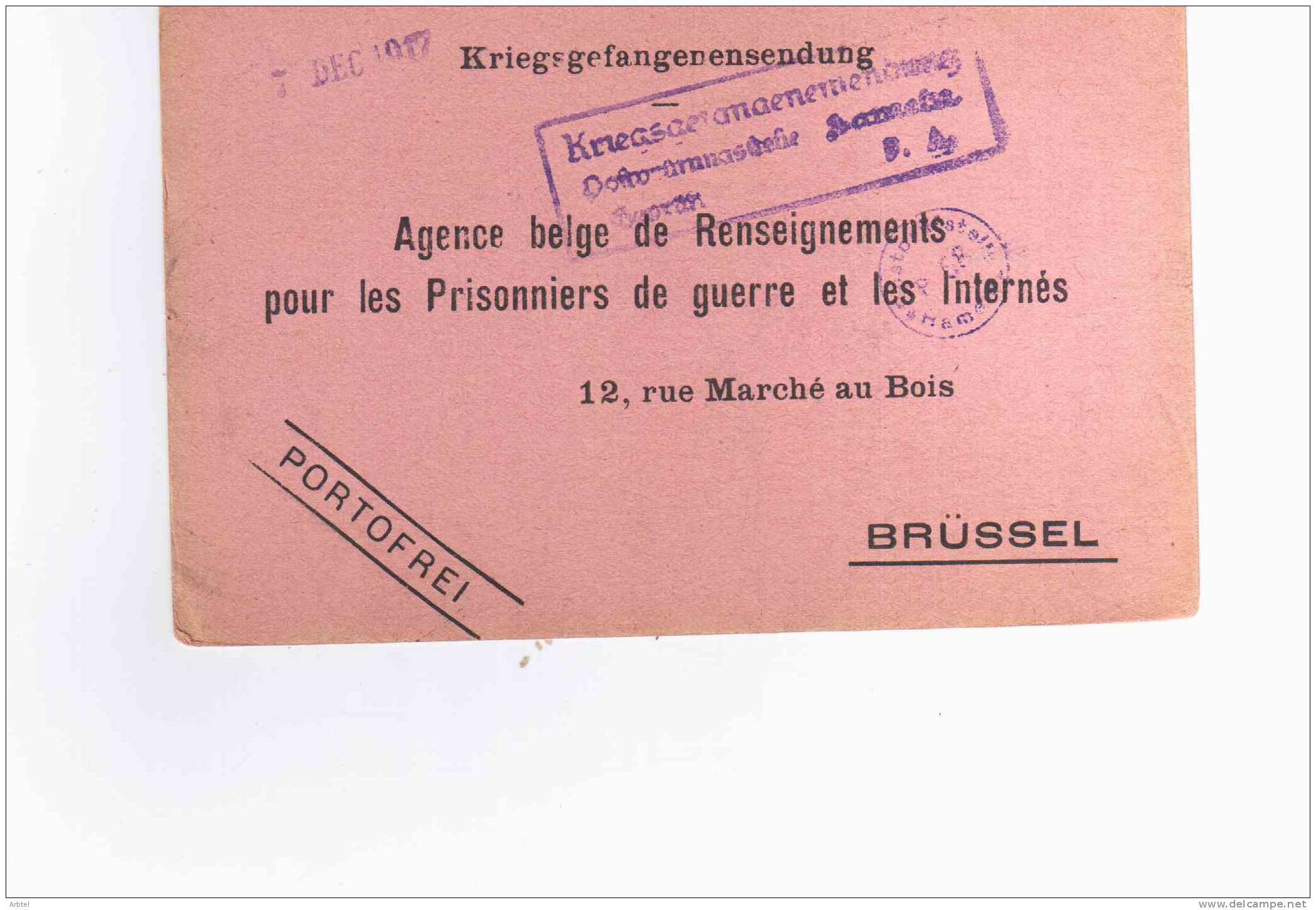 BELGICA TARJETA PRISIONEROS DE GUERRA EN FRANQUICIA 1917 - Guerre Mondiale (Première)