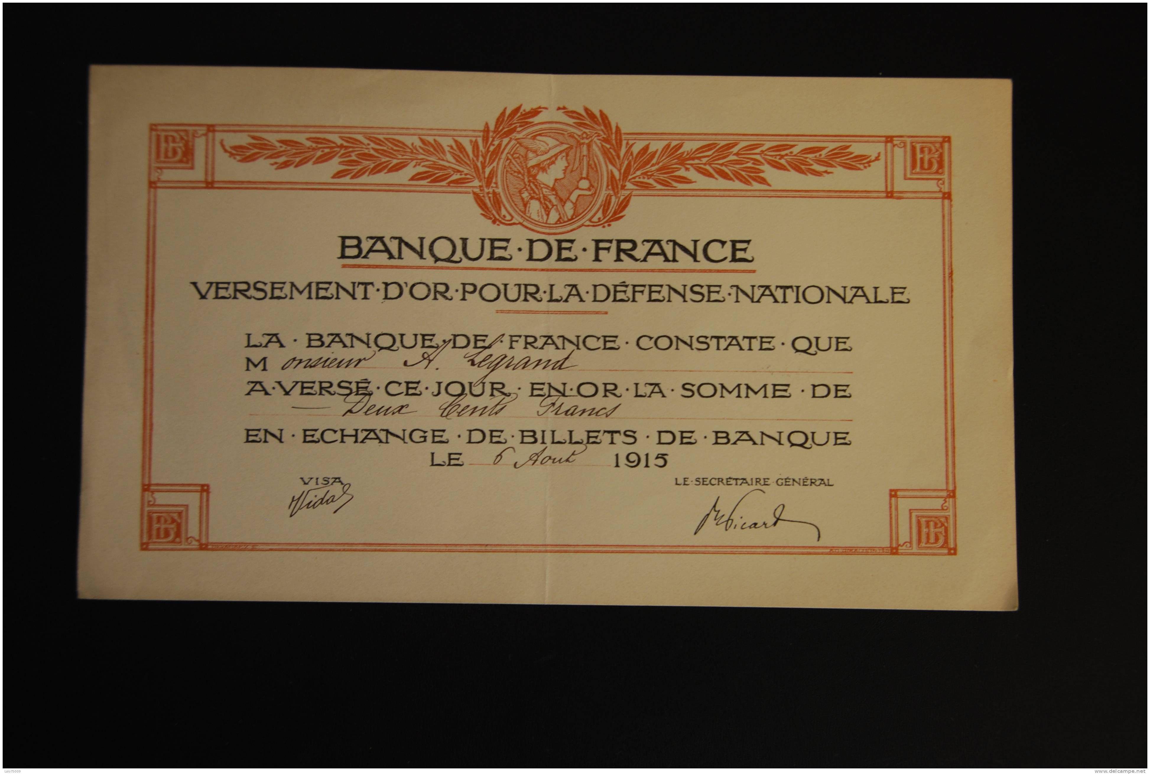 Billet De Versement D´or Pour La Defense Nationale - Documents Historiques