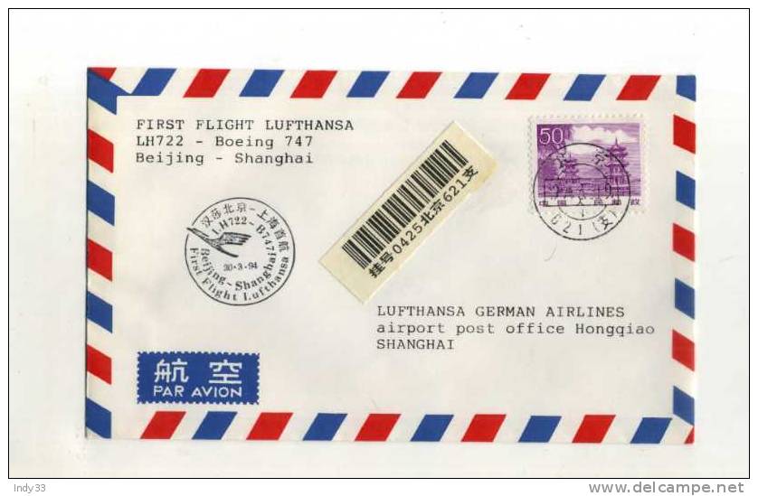 - CHINE POSTE AERIENNE . 1er VOL BEIJING/SHANGHAI 1994 - Luftpost