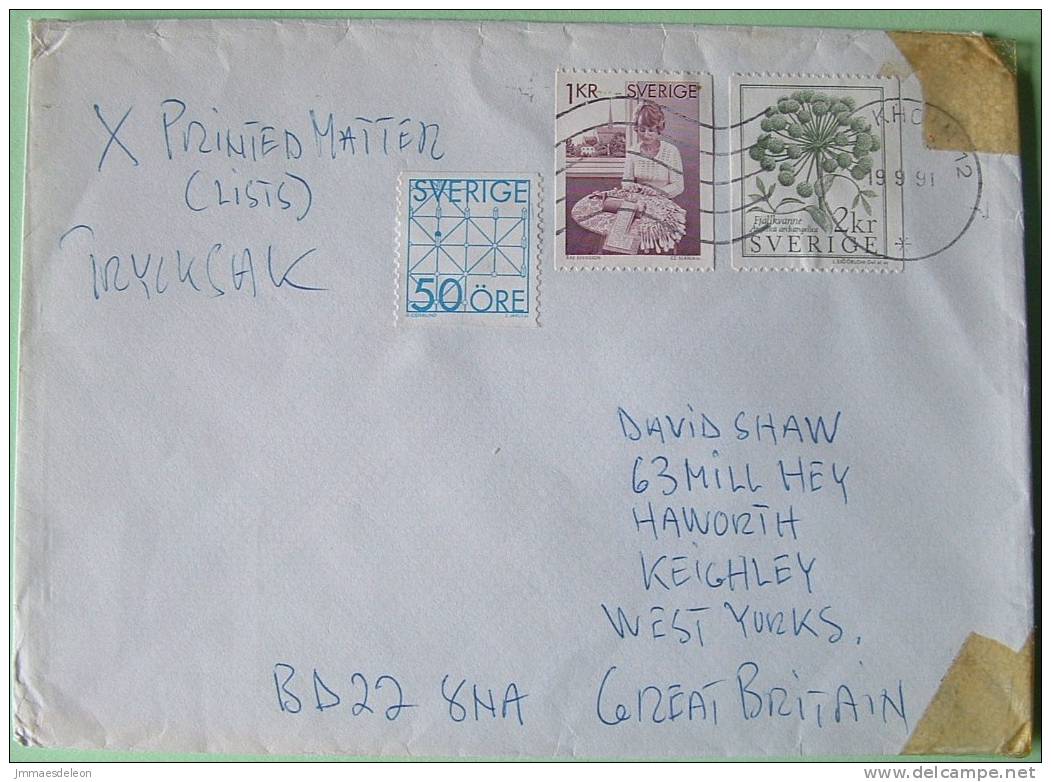 Sweden 1991 Cover To England UK - Lace Maker Woman Flowers - Cartas & Documentos