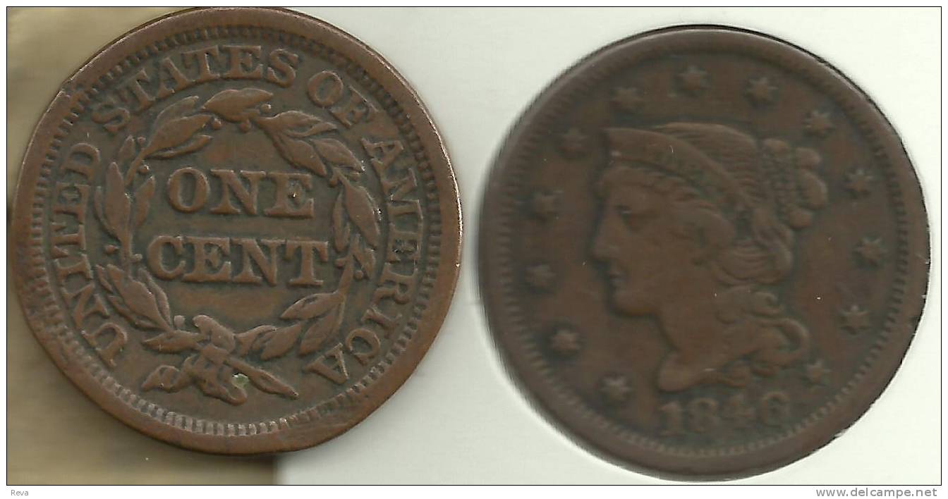 UNITED STATES USA 1 CENT WREATH FRONT WOMAN BRAIDED HAIR BACK 1846 SMALL DATE KM67 READ DESCRIPTION!! - 1840-1857: Braided Hair (Capelli Intrecciati)