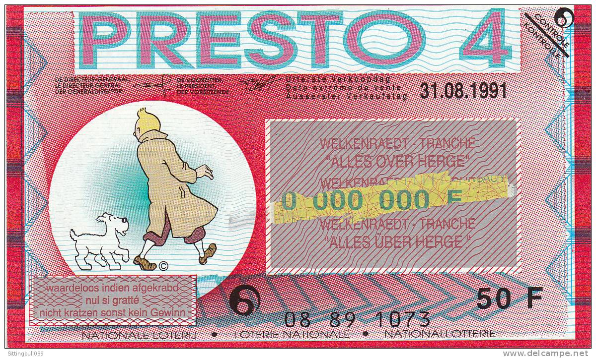TINTIN Et MILOU. PRESTO 4. Ticket De Grattage, 1991. Loterie Nationale. Ministère Des Finances, Bruxelles. RARE ! - Advertisement