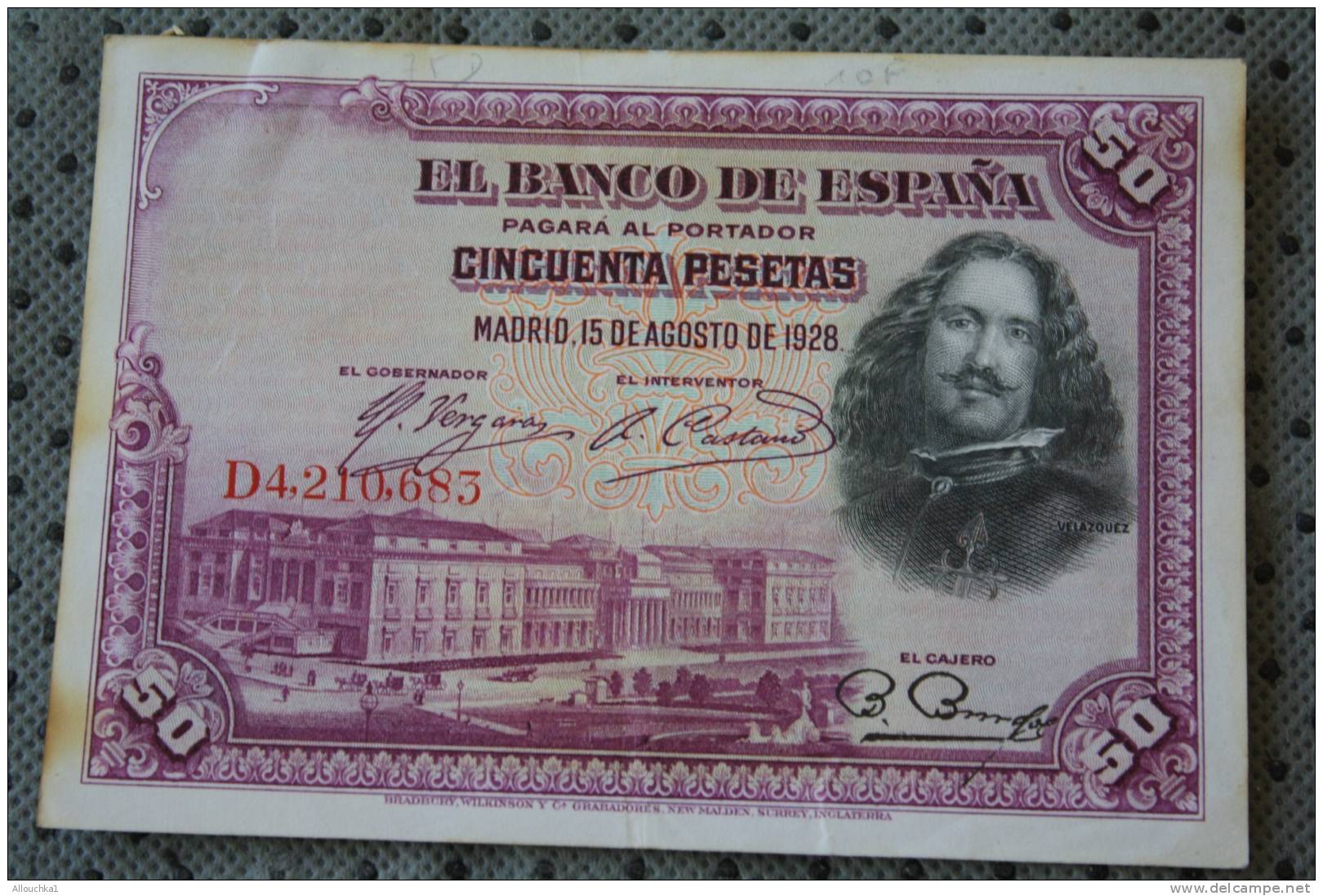 BANCO DE ESPANA 50 PESETAS  MADRID 15-8- 1928  &gt;  TABLEAU PEINTURES DE VELASQUEZ  &gt;&gt; BILLET DE BANQUE BANK  BAN - 50 Pesetas