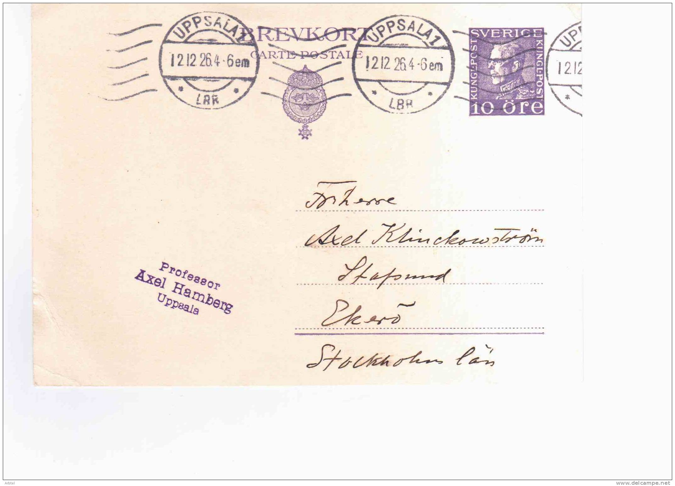 SUECIA ENTERO POSTAL 1926 DE UPPSALA A STOCKHOLM - Postal Stationery