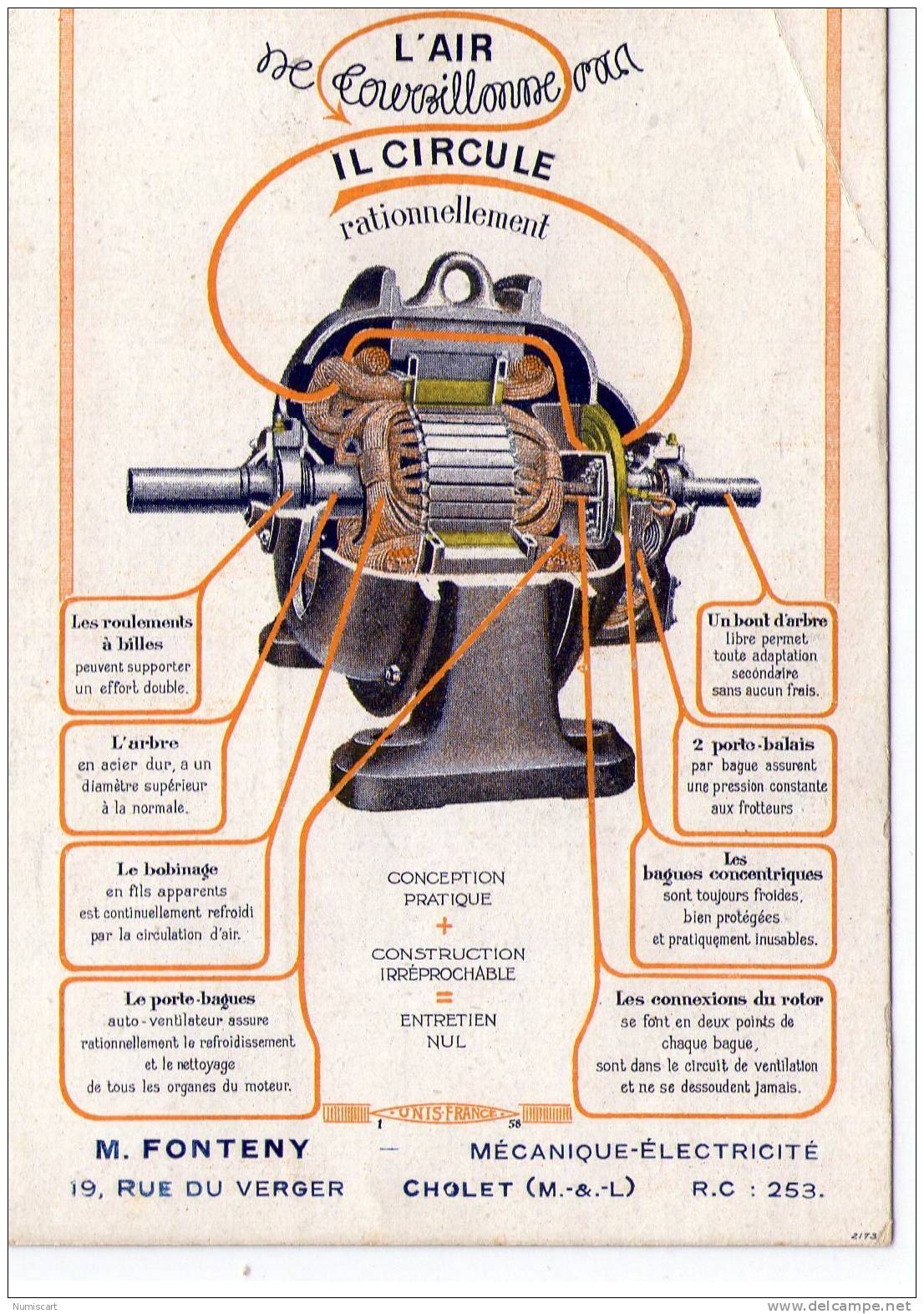 Cholet..Publicité..Mécanique-Electricité..M.Fonteny..rue Du Verger..moteur..Top Carte - Cholet